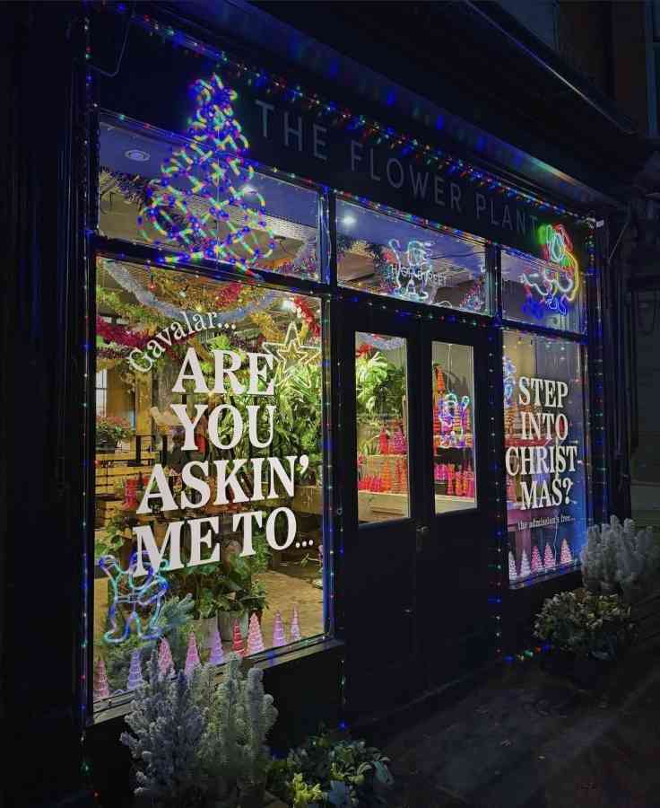 Christmas florist window display neon lights festive shopfront 2024 gavin and stacey reference the flower plant