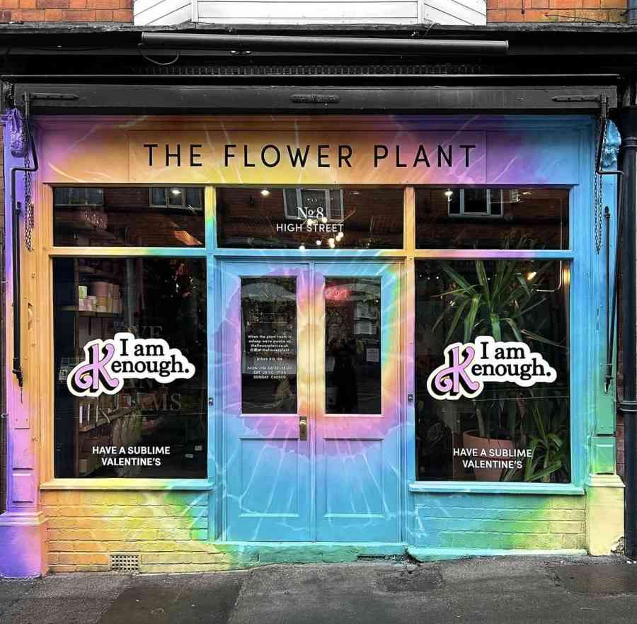 Valentines florist window display rainbow storefront self love i am enough barbie 2024 the flower plant