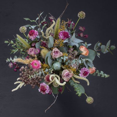 Pastel coloured bouquet with memory lane rose, pink scabious, ranunculus, daucus carota, astrantia, dried broom, scabiosa seed, amaranthus, pennisetum, dried pampas grass, mixed eucalyptus