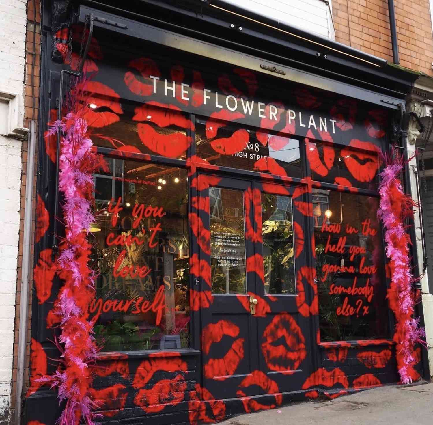 Valentines florist window display red lips love theme rupals drag race2022 the flower plant