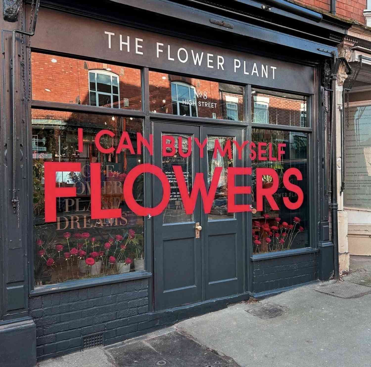 Valentines florist window display red roses typography i can buy myself flowers 2023 the flower plant