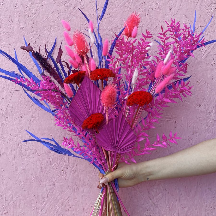 Dried hot pink, purple and red flowers
