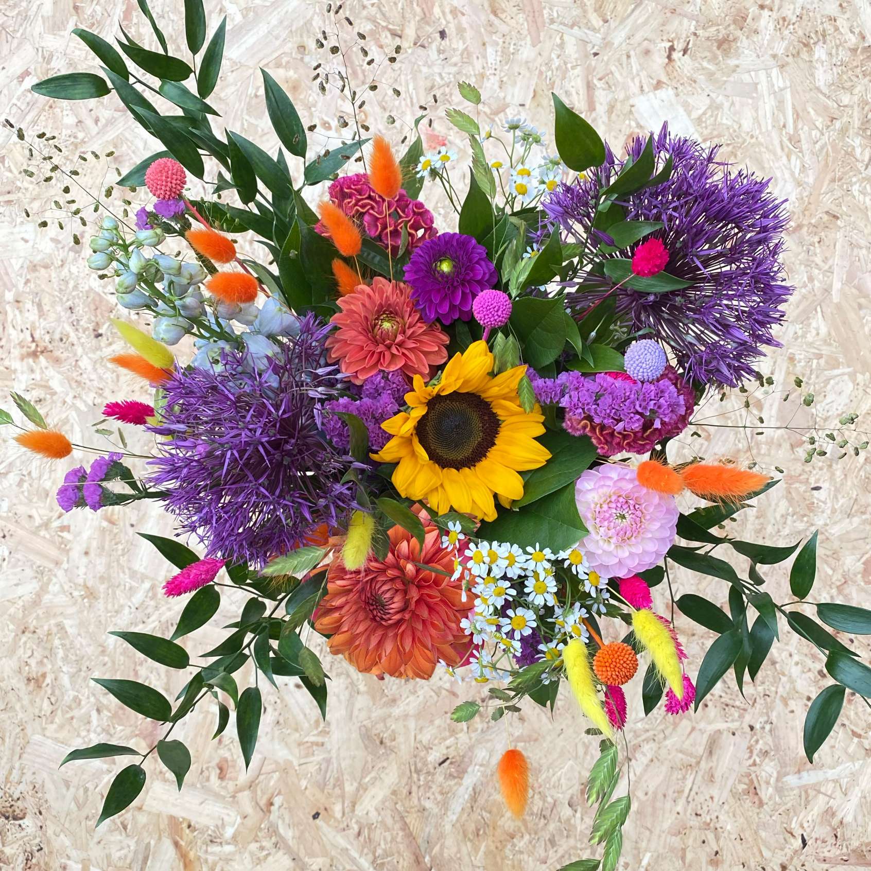 A vibrant hand-tied flower bouquet