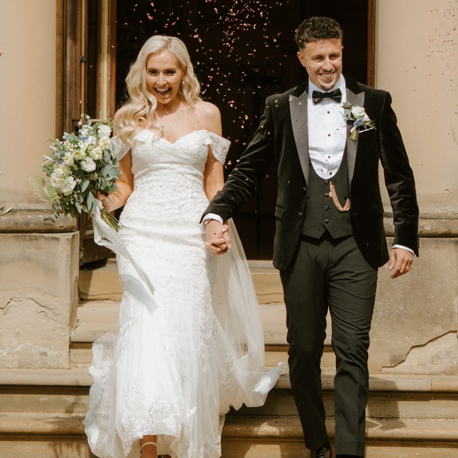 Harlaxton Manor Wedding Confetti Exit Bridal Bouquet White Roses Blue Delphinium