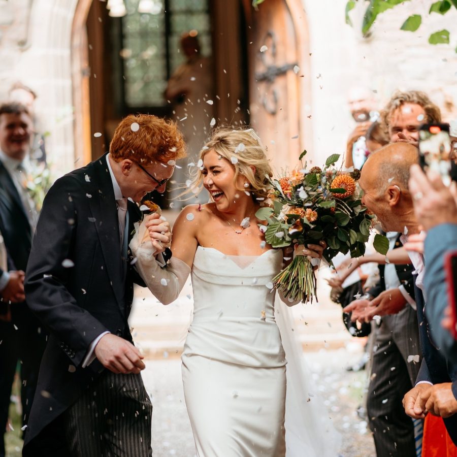 Wedding confetti exit bridal bouquet peach roses dahlias natural style copy