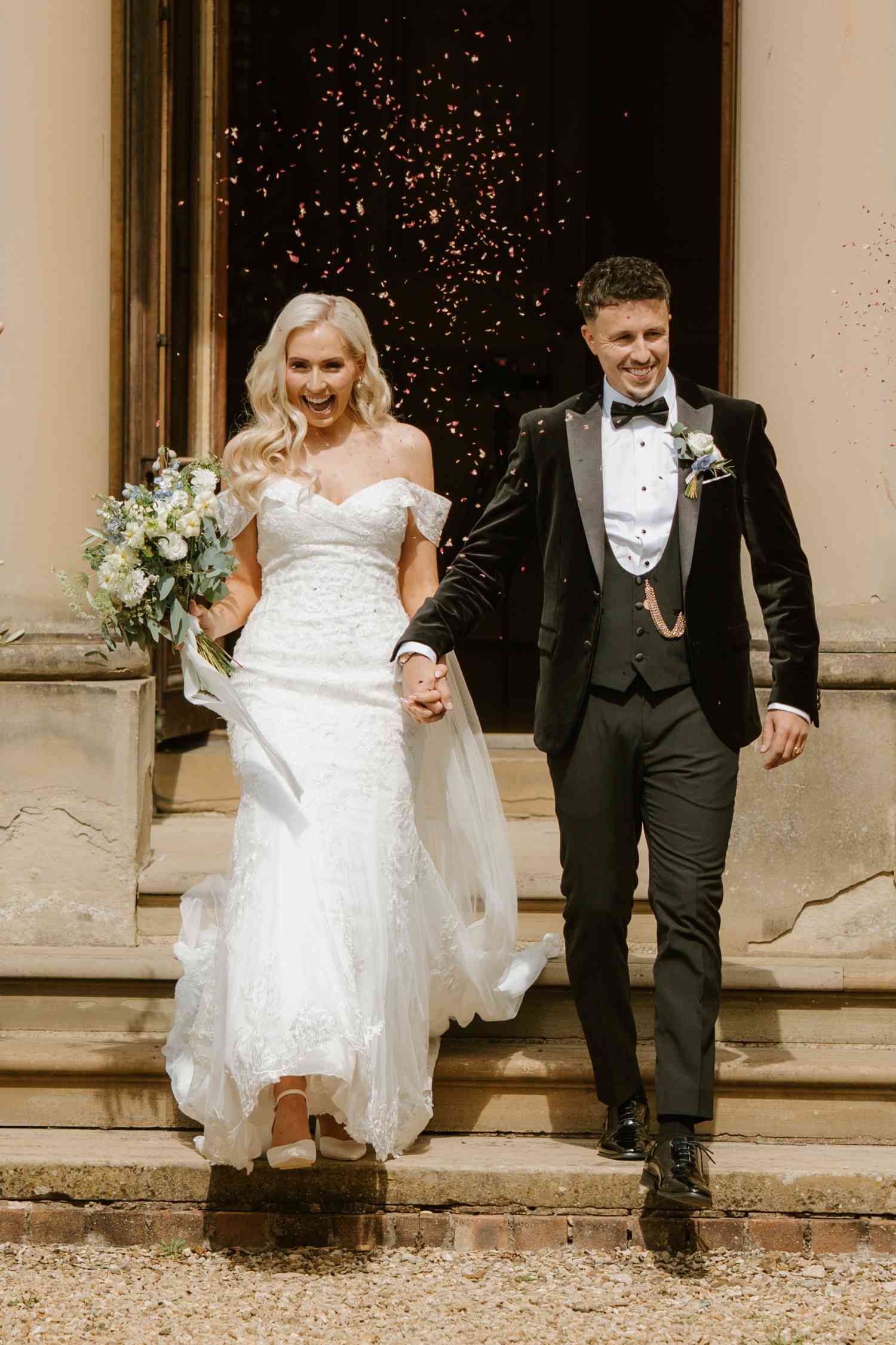 Harlaxton Manor Wedding Confetti Exit Bridal Bouquet White Roses Blue Delphinium