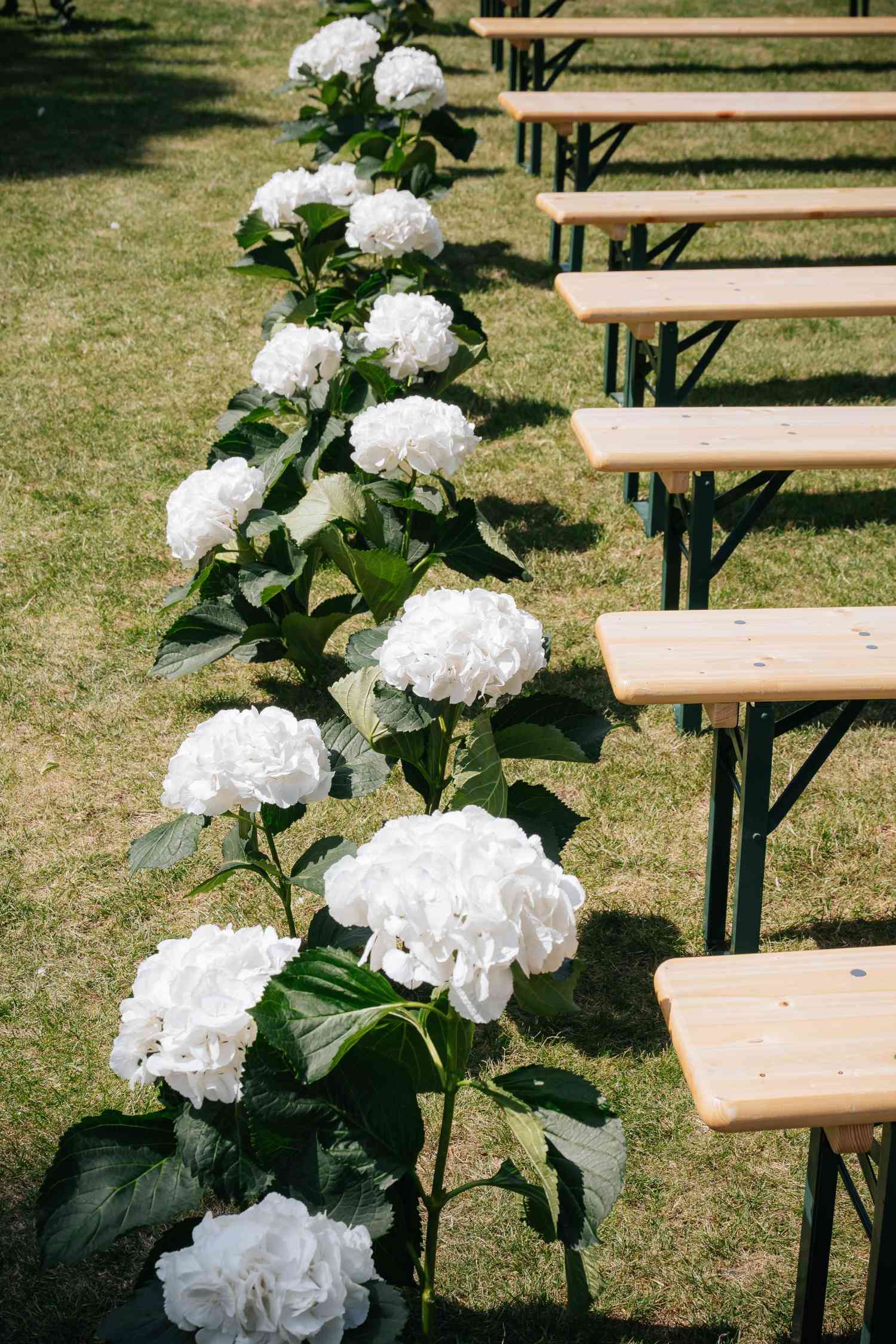 Langar Hall Nottingham Wedding Ceremony Aisle White Hydrangeas