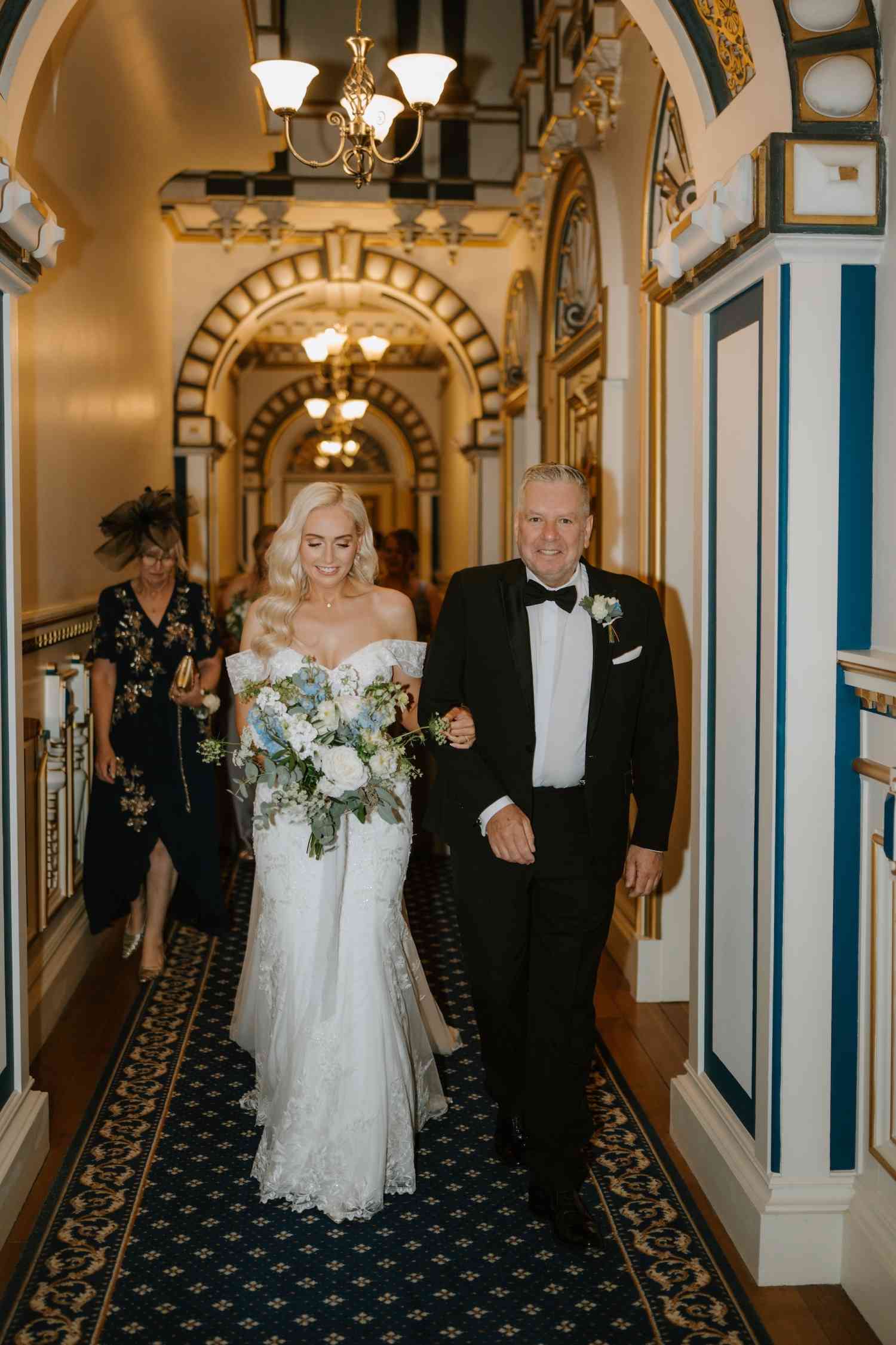 Sarah Scott Bridal Entrance Harlaxton Manor Bouquet Blue White Flowers copy