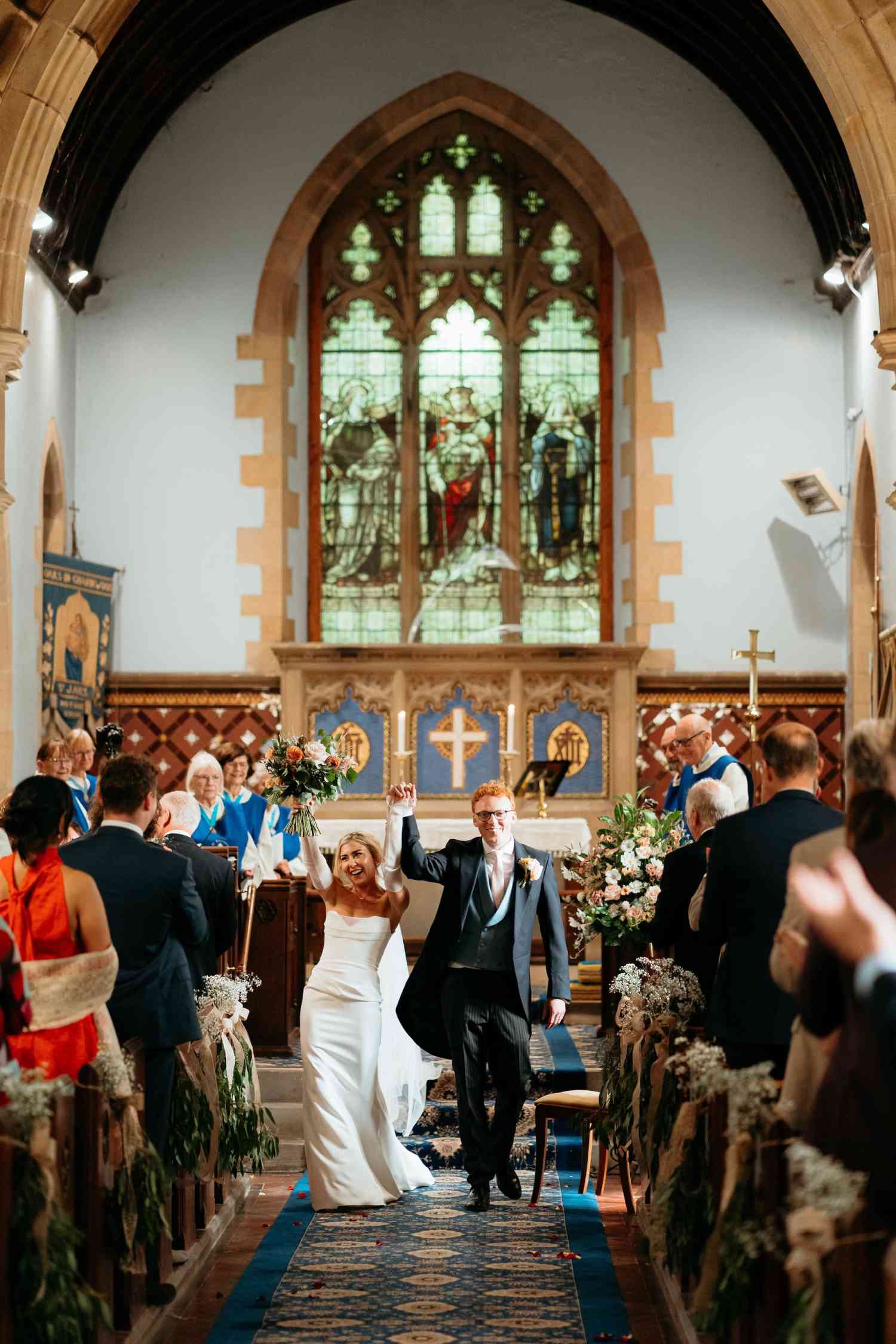 Church wedding ceremony aisle flowers gypsophila greenery pew decor copy