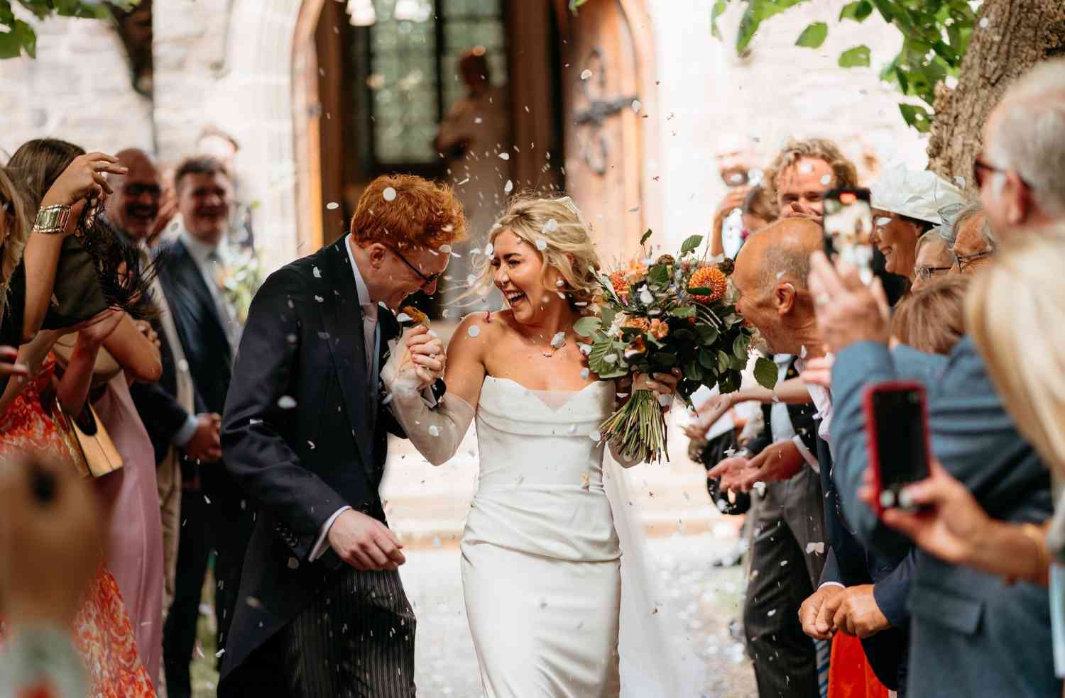 Wedding confetti exit bridal bouquet peach roses dahlias natural style copy