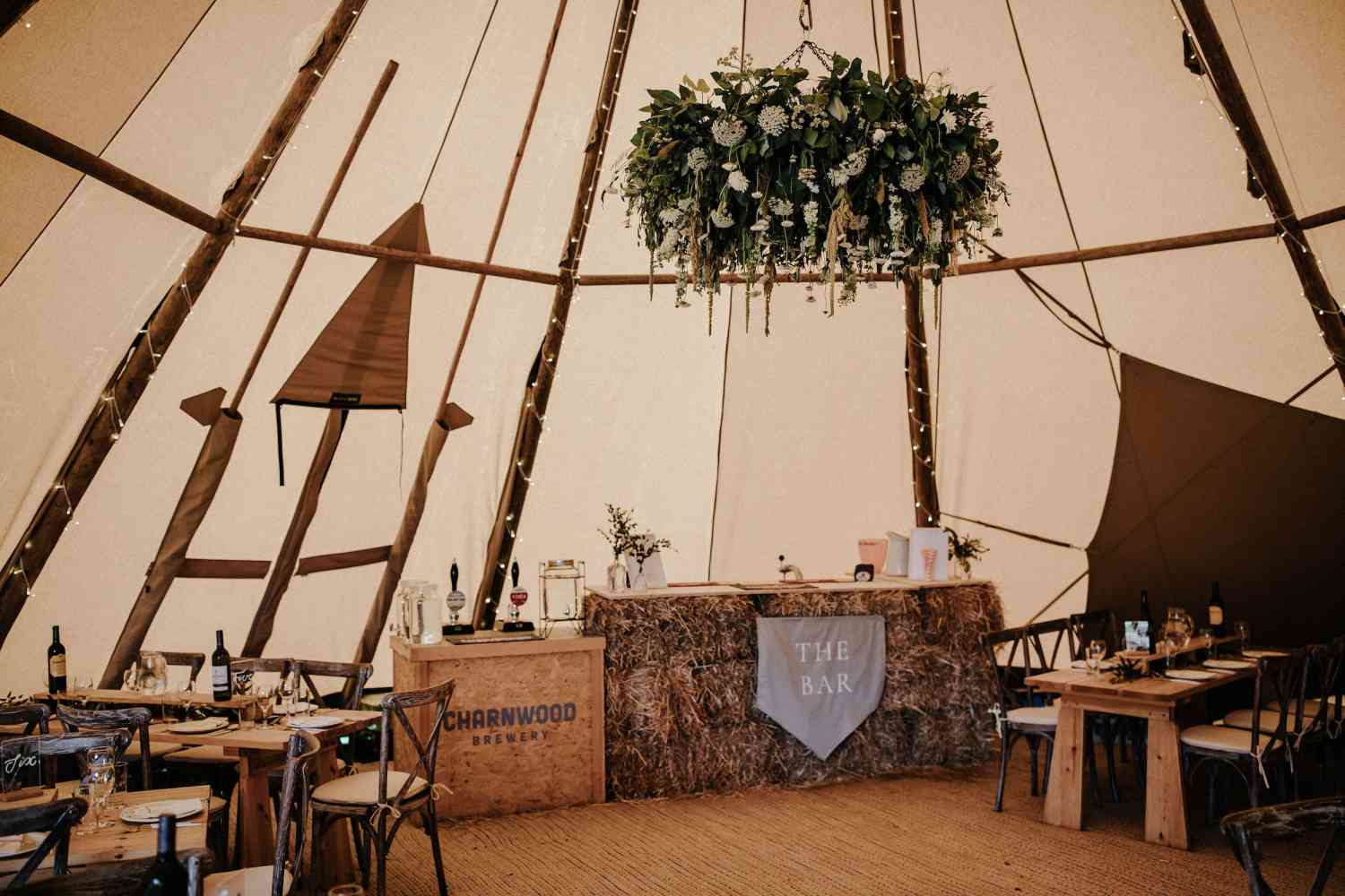 Tipi wedding floral chandelier